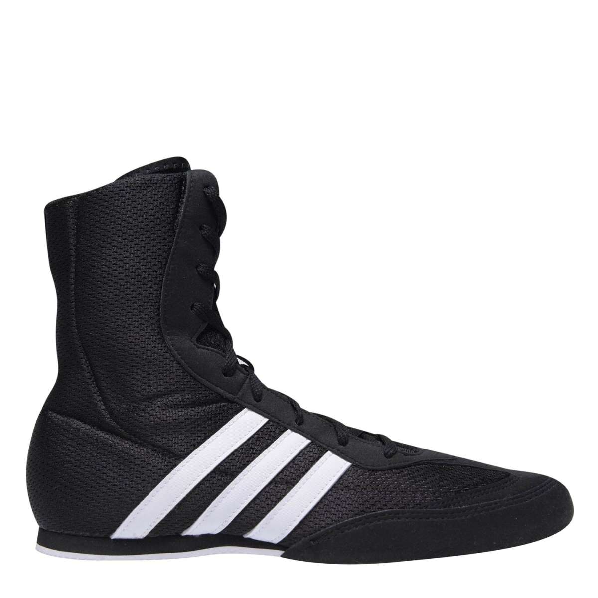 Black Mesh High-Top Boxing Shoes with White Side Stripes and Low-Profile Sole